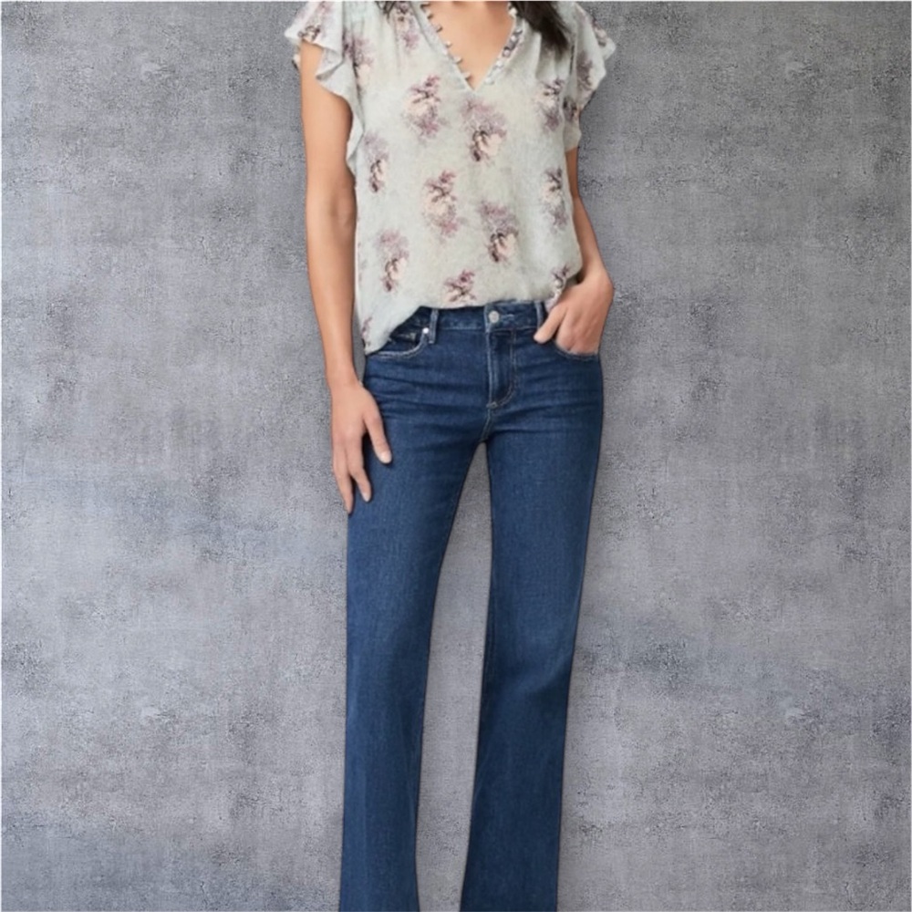 PAIGE Dewan Floral Gray and Pink Top with Elegant Ruffle Sleeves
